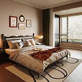 Modern Bedroom Interior With Large Bed Nightstand Lamps Decorative Paintings And Area Rug