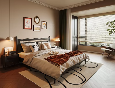 Modern Bedroom Interior With Large Bed Nightstand Lamps Decorative Paintings And Area Rug 3d model