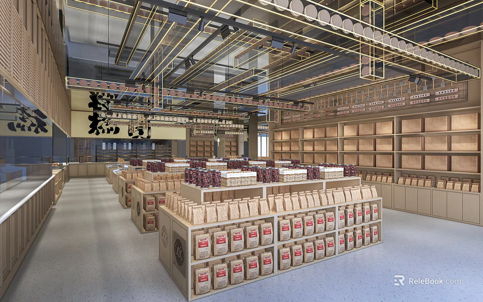 Modern Specialty Store Interior With Wooden Shelves And Neatly Arranged Products 3d model 