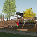Fun Kids Playground With Wooden Slides Elevated Platform Sand Ground Trees And Orange Arches