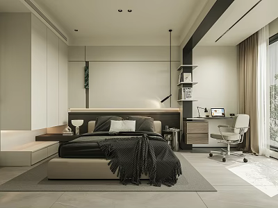 Modern Bedroom Interior Design With Comfortable Bed Work Desk And Large Window Curtains 3d model