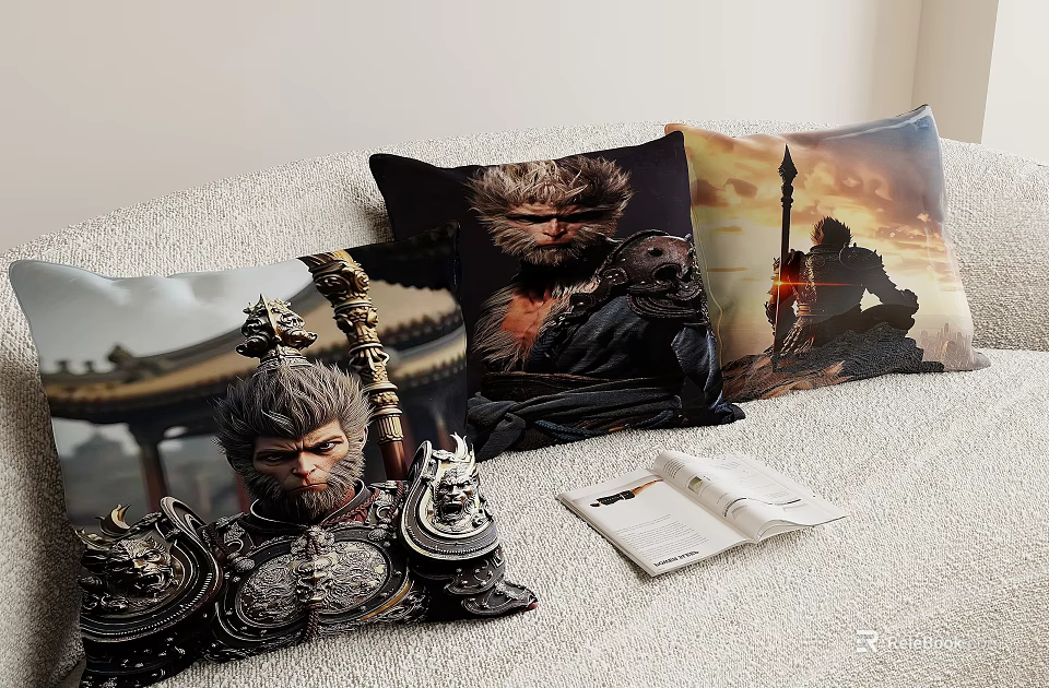 Decorative Throw Pillows With Monkey Warrior Character Design Ancient Architecture And Sunset Scene 3d model 