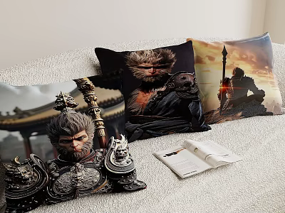 Decorative Throw Pillows With Monkey Warrior Character Design Ancient Architecture And Sunset Scene 3d model