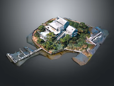 Lakeside Residential Building Surrounded By Trees With Waterfront Deck And Pier 3d model