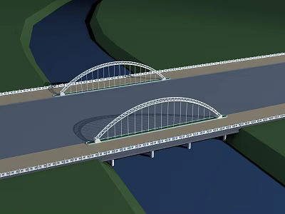 Modern Double Arch Bridge Design Over River With Green Scenic Landscape 3d model