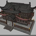Chinese Traditional Architecture Cartoon Scene With Curved Eaves Red Lanterns And Stone Steps