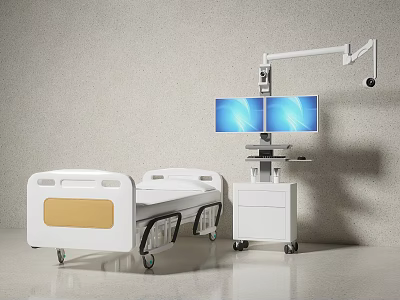 Mobile Hospital Medical Equipment With Patient Care Bed And Dual Screen Monitor Stand 3d model