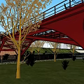 Red Bridge Architectural Design With Road River Grassland Trees And Red Car
