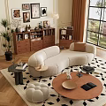 Modern Beige Curved Sofa and Wooden Coffee Table Combination with Side Table and Rug