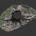 Rustic Wood And Stone Sculpture With Tree Stump Design Intricate Roots And Green Mossy Base