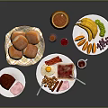 Assorted Breakfast Food Platter With Bread Ham Eggs Banana And Jam
