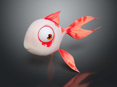 Pink And White Cartoon Fish With Big Eyes Red Fins And Tail On Dark Background 3d model