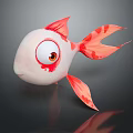 Pink And White Cartoon Fish With Big Eyes Red Fins And Tail On Dark Background