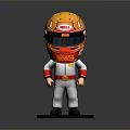 Cartoon Racer Figurine With Yellow Orange HELA Helmet White Red Racing Suit Black Base