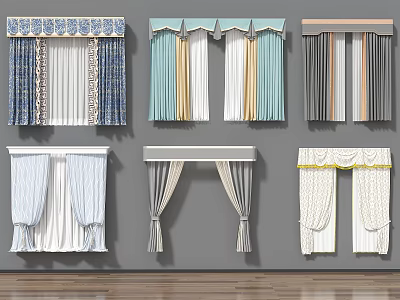 Various Decorative Curtains Featuring Colorful Patterns Pleated Details And Valance Top Designs 3d model