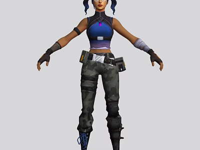 Game Movie Character With Blue Pigtails Blue Top Camouflage Pants Arm Bandage And Tool Belt 3d model