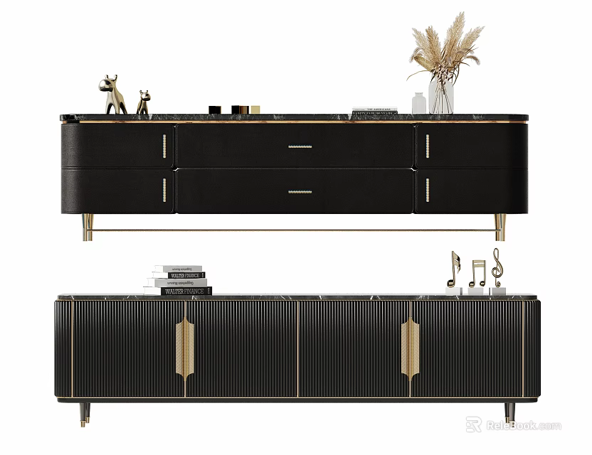 Modern Black TV Stand with Gold Handles Vertical Stripes Design and Decorative Ornaments 3d model 