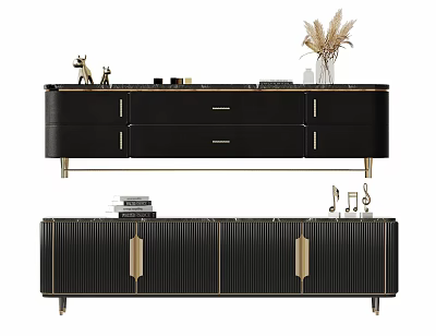 Modern Black TV Stand with Gold Handles Vertical Stripes Design and Decorative Ornaments 3d model