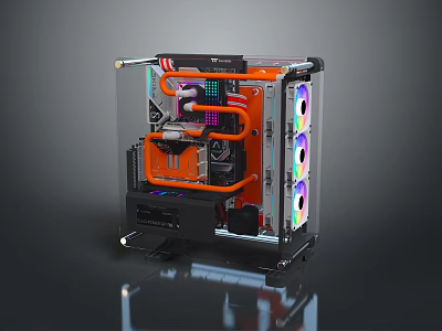 Custom Transparent Gaming PC Case Featuring RGB Fans Orange Liquid Cooling Tubes And Internal Hardware 3d model