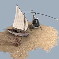 Natural Sandy Ground Scene With Small Sailboat And White Helicopter