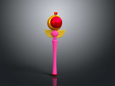 Pink Magical Weapon With Long Handle Yellow Wings And Red Gem 3d model
