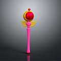 Pink Magical Weapon With Long Handle Yellow Wings And Red Gem