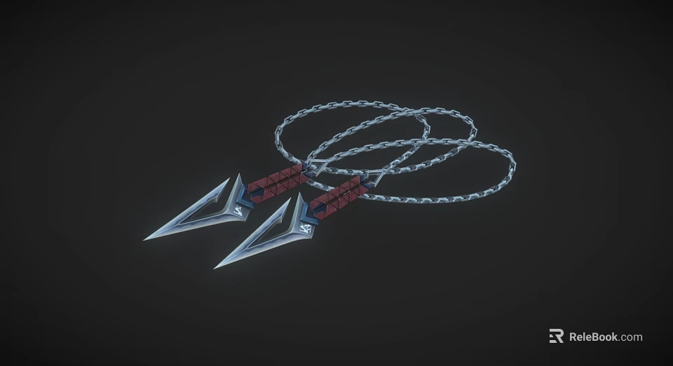 Two Silver Bladed Weapons With Red Handles And Linked Chains 3d model 