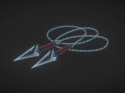 Two Silver Bladed Weapons With Red Handles And Linked Chains 3d model