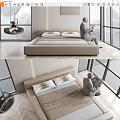 Modern Beige Double Bed In Bedroom With Two Pillows Chandelier And Large Windows