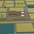 Rural Landscape With Thatched Roof Cottages Rice Fields Blue Sky And Trees