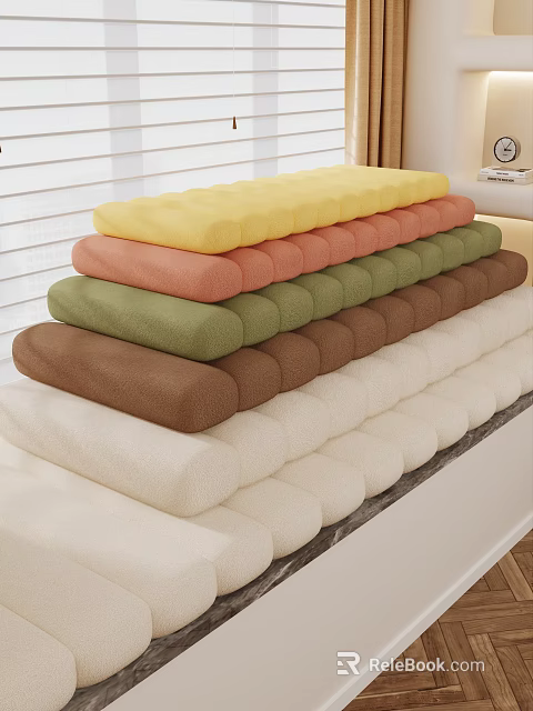 Cozy Bay Window Cabinet Featuring Stacked Soft Colorful Cushions In Multiple Tones 3d model 