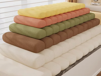 Cozy Bay Window Cabinet Featuring Stacked Soft Colorful Cushions In Multiple Tones 3d model