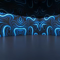 Futuristic Tech Exhibition Hall With Blue Glowing Curves Dark Floor And Flowing Light Effects