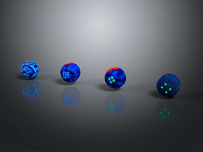 Four Decorative Blue Spheres With Colorful Patterns And Smooth Surface Reflections 3d model