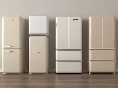 Light Colored Refrigerators and Freezers Various Styles on Wooden Floor with Neutral Wall 3d model