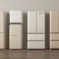 Light Colored Refrigerators and Freezers Various Styles on Wooden Floor with Neutral Wall