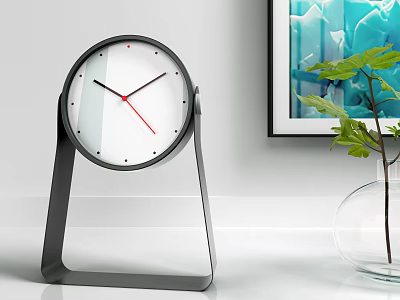 Modern Desk Clock With Black Stand White Dial Red Hands Green Plant And Wall Painting 3d model
