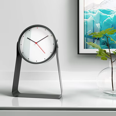 Modern Desk Clock With Black Stand White Dial Red Hands Green Plant And Wall Painting 3d model