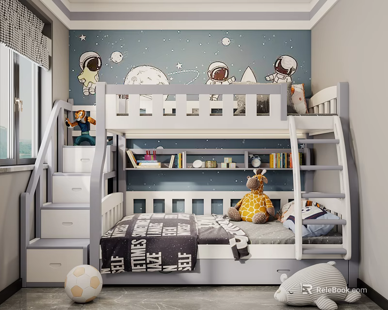 Kids Bedroom with Bunk Bed Starry Sky Mural Astronauts Storage Stairs and Plush Toys 3d model 