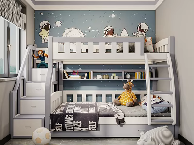 Kids Bedroom with Bunk Bed Starry Sky Mural Astronauts Storage Stairs and Plush Toys 3d model