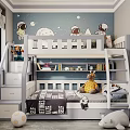 Kids Bedroom with Bunk Bed Starry Sky Mural Astronauts Storage Stairs and Plush Toys