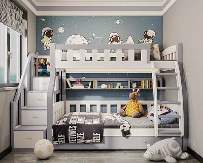 Kids Bedroom with Bunk Bed Starry Sky Mural Astronauts Storage Stairs and Plush Toys 3d model