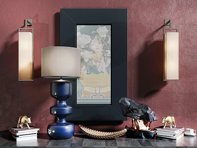 Elegant Decorative Ornament Collection with Painting Wall Lamps Table Lamp Sculptures and Books 3d model