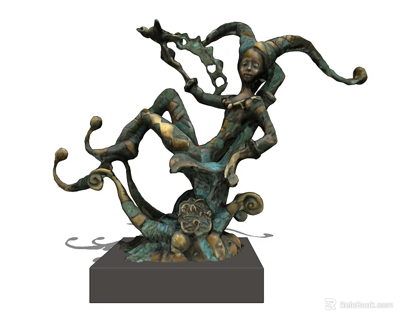 Artistic Bronze Decorative Ornament Set With Figural Design Curved Elements And Square Base 3d model 