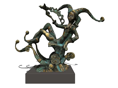 Artistic Bronze Decorative Ornament Set With Figural Design Curved Elements And Square Base 3d model