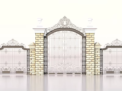 Elegant Entrance Gate Design Featuring Wrought Iron Details Brick Pillars And Ornate Carvings 3d model