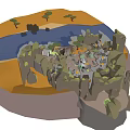 Cartoon Style Scenic Landscape With Rocky Hills Trees And Small Houses