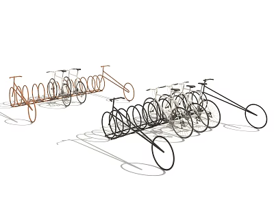 Brown And Black Bicycles Parked On Outdoor Metal Bike Racks 3d model