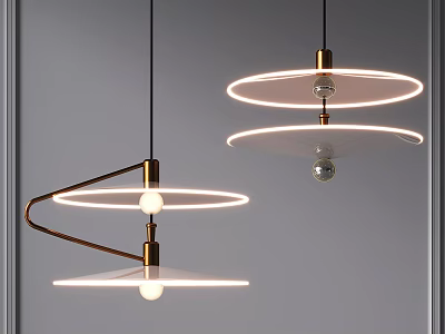 Elegant Modern Pendant Lights With Brass Curved Frame Circular Shades And Illuminated Bulbs 3d model