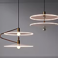 Elegant Modern Pendant Lights With Brass Curved Frame Circular Shades And Illuminated Bulbs